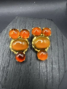 Roger Scemama Bernstein Glas Cabochon geflochten Gold Vintage Ohrclips  - Bild 1 von 10