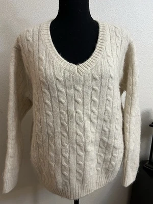Brandy Melville Women's Ivory Cable Knit V-Neck Sweater Wool Blend One Size - Image 1 of 4