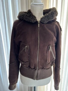 Jacket Chocolate Brown aviator Pilot 90s Y2K XL Candies Faux Suede Faux Fur - Picture 1 of 18
