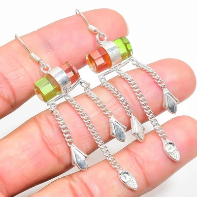 Pendiente de plata de ley 925 con piedras preciosas de turmalina bicolor 2,68" S759 Foto 1 de 4