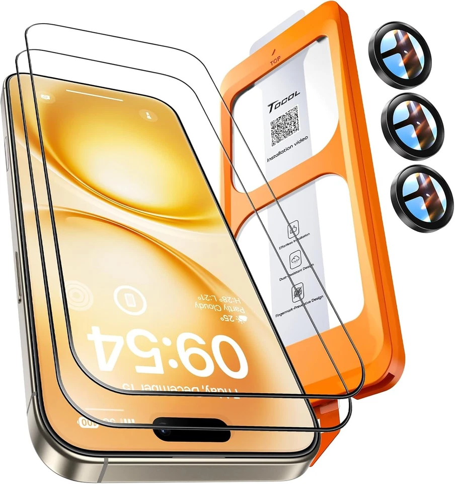 TOCOL 2+1 Pack for iPhone 15 Pro Screen 15 Pro, Black-Camera Lens  - Image 1 of 4