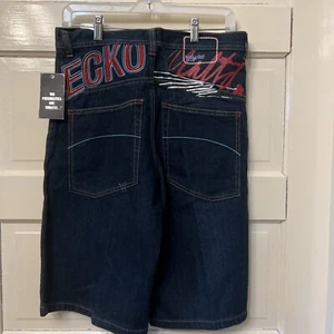 New Ecko Unltd Shorts Youth 18 Blue Baggy Fit Denim Jorts Y2K Embroiderd Hip Hop - Picture 1 of 6