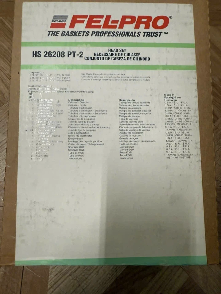 Juego de juntas de culata de motor Fel-Pro HS 26208 PT-2 para Chrysler Dodge 3,5 L Foto 1 de 1