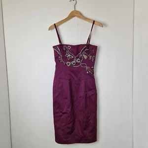 Karen Millen Purple Strappy Pencil Dress Diamante Hearts Beading UK Size 10 - Picture 1 of 9