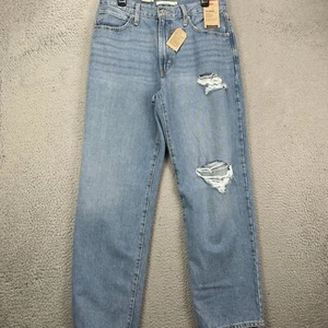 Levis Women 94 Baggy Jeans 30X31 Blue Distressed Straight Leg Mid Rise Denim NEW - Picture 1 of 13