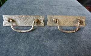 2 ANTIQUE DRESSER DRAWER HARDWARE AESTHETIC NICKEL BACK PLATES & IRON PULLS (7b) - Picture 1 of 4