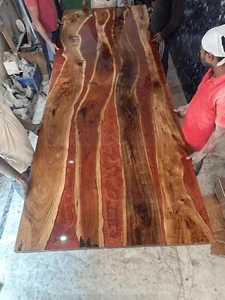 Red Epoxy Resin Center Sofa Dining Table Natural Acacia Wooden Cafeteria Decors - Picture 1 of 8