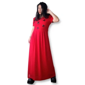 Vintage 90s made in Hong Kong bow embroidered crimson red midi maxi dress size M - Picture 1 of 6
