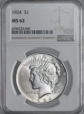 1924-P $1 PEACE SILVER DOLLAR  NGC MS62  #6796233-040 MINT STATE FRESHLY GRADED! Cover