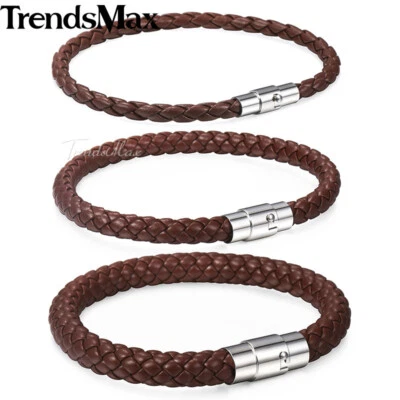 4/6/8mm Brown Braided Cord Rope Man-made Leather Bracelet Magnetic Clasp 8-10" - Image 1 of 4