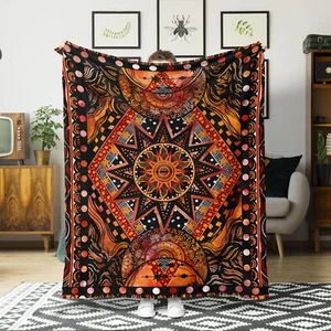 Orange Ceometric Art Throw Blanket Hippie Abstract Sun and Moon Yellow Aesthe... - Picture 1 of 7