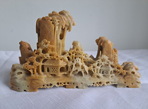 Vintage Hand Carved Soapstone Depicting Asian Village With Trees And Homes