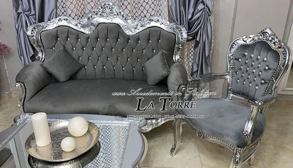 Divano Poltrona Germany Salotto Foglia Argento Barocco legno massello velluto gr - Immagine 1 di 1