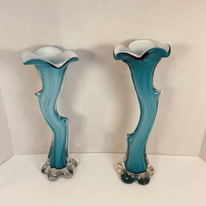 Vintage Murano Style Cased Glass Aqua Blue Bud Vases - Picture 1 of 10