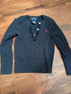 Ralph Lauren Mädchen Gr. 4T dunkelblau LS Zopfmuster Pullover Rüschen V-Ausschnitt Baumwolle - Bild 1 von 9