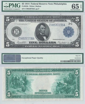 1914 $5 Federal Reserve Note Fr-855b PMG Gem-65 EPQ - Image 1 of 3