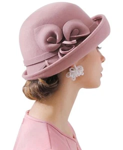 Women Vintage Wool Felt Flowers Bucket Cloche Bowler Hat Church Wedding Dress... - Picture 1 of 4