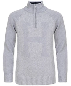 Tommy Hilfiger Boys TH Grey Heather Signature "H" 1/4 Zip Pullover Sweater - Picture 1 of 2