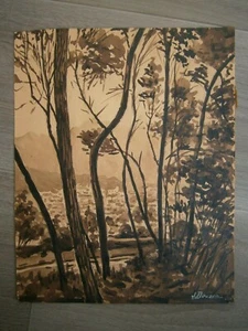 DESSIN ANCIEN AQUARELLE MONOCHROME "MENTON VUE DES BOIS" PAYSAGE COTE D'AZUR - Imagen 1 de 9