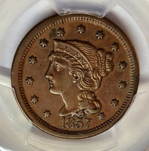 Choice 1857 Braided Hair Large Cent 1C PCGS AU50 GS (Large Date) Real Beauty !!! - Picture 1 of 4