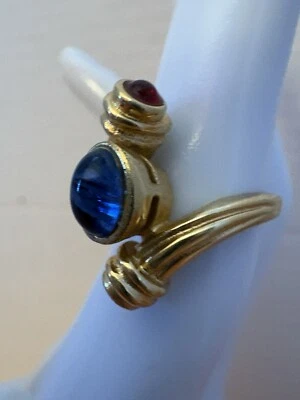 Vintage Fashion Gold Band With Blue & Red Stones Ring. Size 4.5”.  - Image 1 of 4