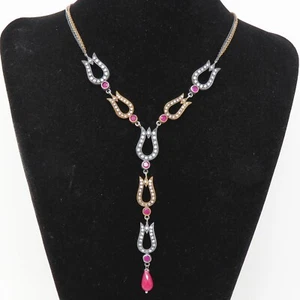 NYJEWEL 925 Silver 5ct Natural Ruby & Clear Stone Necklace 18" - Picture 1 of 3