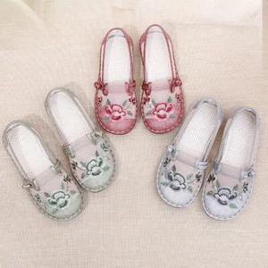 Ladies Ethnic Mesh Shoes Embroidered Floral Slip on Flat Heel Casual Breathable - Picture 1 of 15