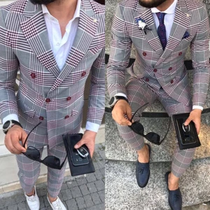 2024 Arrival Plaid Men's Suits Slim Fit Double Breasted Jacket +Pant for Wedding - Picture 1 of 8