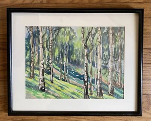 Vintage Watercolor Painting-Spring Aspen Trees-Forest-Hills-Landscape-Detailed - Picture 1 of 4