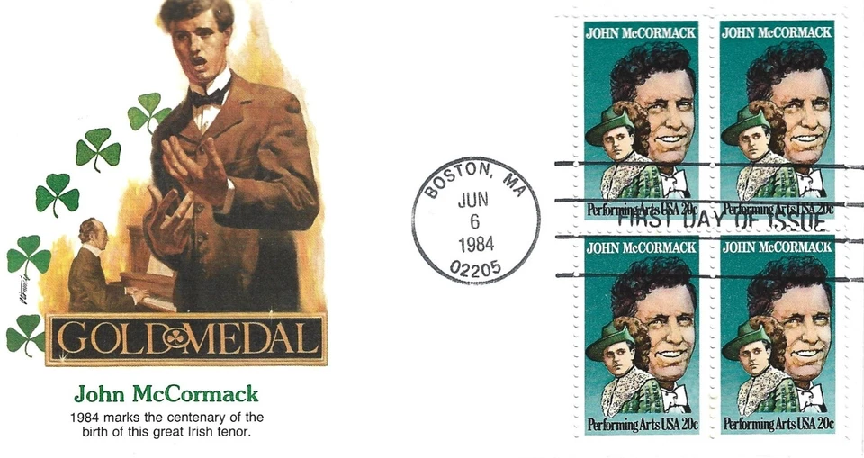 1984 2090 18 cent John McCormack Plate Block of 4 FDC - Image 1 of 1