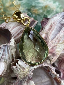 Charles Albert Green Amethyst Facetted Teardrop Pendant & Alchemia Gold Necklace - Picture 1 of 17