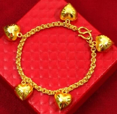 Chain Heart Gold Charm Thai Baht Yellow Gold GP Bracelet Bangle Jewelry 7 Inch - Image 1 of 4