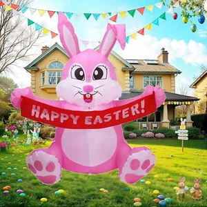 1.5M/5FT Pink Inflatable Easter Rabbit Cute Bunny LED Lights Outdoor Garden Yard - Picture 1 of 16