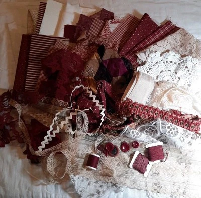 Cranberry Maroon Needlework Bundle Vintage Kit Embroidery Lace Trim Scrap Craft - Image 1 of 4