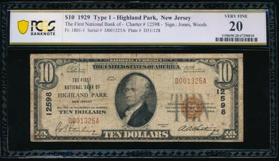 AC 1929 $10 First National Bank of Highland Park, New Jersey Ch #12598 PCGS 20 - Image 1 of 2