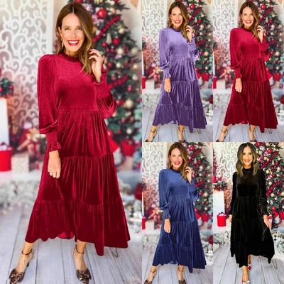 Women Velvet Xmas Dress Loose Long Sleeves Party Ruffles Swing Dresses Plus Size - Image 1 of 4