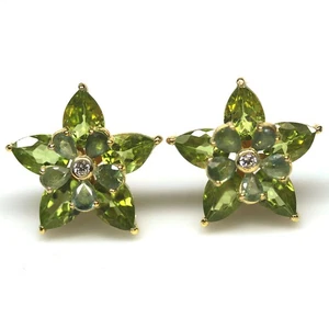 925 Sterling Silver Green Peridot, Sapphire & Cubic Zirconia Earrings 18K Gold - Picture 1 of 4