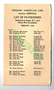 February 1936 Swedish American Line Gripsholm List of Passengers - Picture 1 of 1