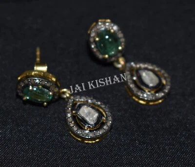 Uncut Polki Pflastern Diamant Smaragd Edelstein 925 Sterlingsilber Lang Ohrring - Bild 1 von 4