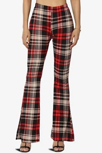 TheMogan Junior's 70s Lounge Plaid High Waist Flare Pants Checkered Bell Bottoms - Picture 1 of 44