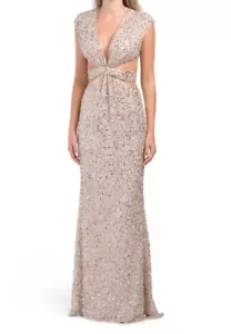 Mac Duggal Sequined Cut Out Gown Women's Evening Maxi Dress Nude / Silver Size 6 - Picture 1 of 4