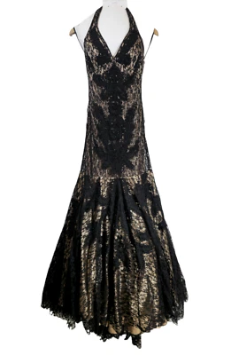 Sue Wong Nocturne Y2K Lace Beaded Open Back Halter Tulle Dress Maxi Gown - Image 1 of 4