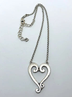Brighton Necklace Hammered Open Heart Large Pendant Silver Tone Scroll 15" - 17" - Image 1 of 4
