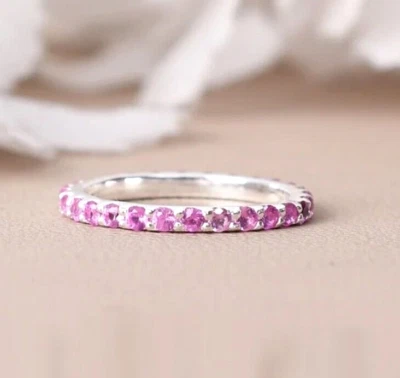 Round Pink Sapphire Band Diamond Full Eternity Wedding Ring 14K White Gold Over - Image 1 of 4