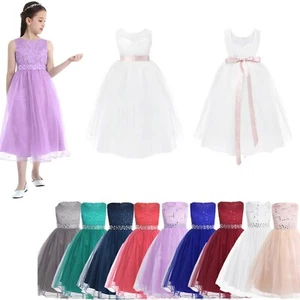 US Kid Girls Lace Mesh Splice Dress Pageant Wedding Birthday Party Princess Gown - Picture 1 of 108