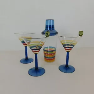 Plastic Striped Martini Shaker 2 Stir Sticks 3 Glasses 7" tall Blue Red Yellow - Picture 1 of 9