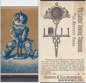 Victorian Sewing Thimble Pin Cushion Spool Wall Rack Antique Odd Invention Card