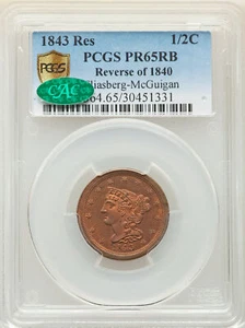 1843 BRAIDED HAIR 1/2C PCGS PR 65 RB - Picture 1 of 4
