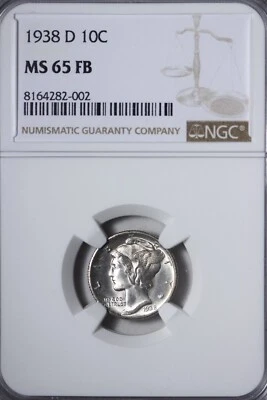GEM BU 1938-D Mercury Dime NGC MS65 FB Full Split Bands! WIFE - Image 1 of 3