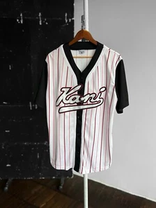 Karl Kani Striped Short Sleeve Baseball Shirt Jersey Center Embroidered Size L - Picture 1 of 5